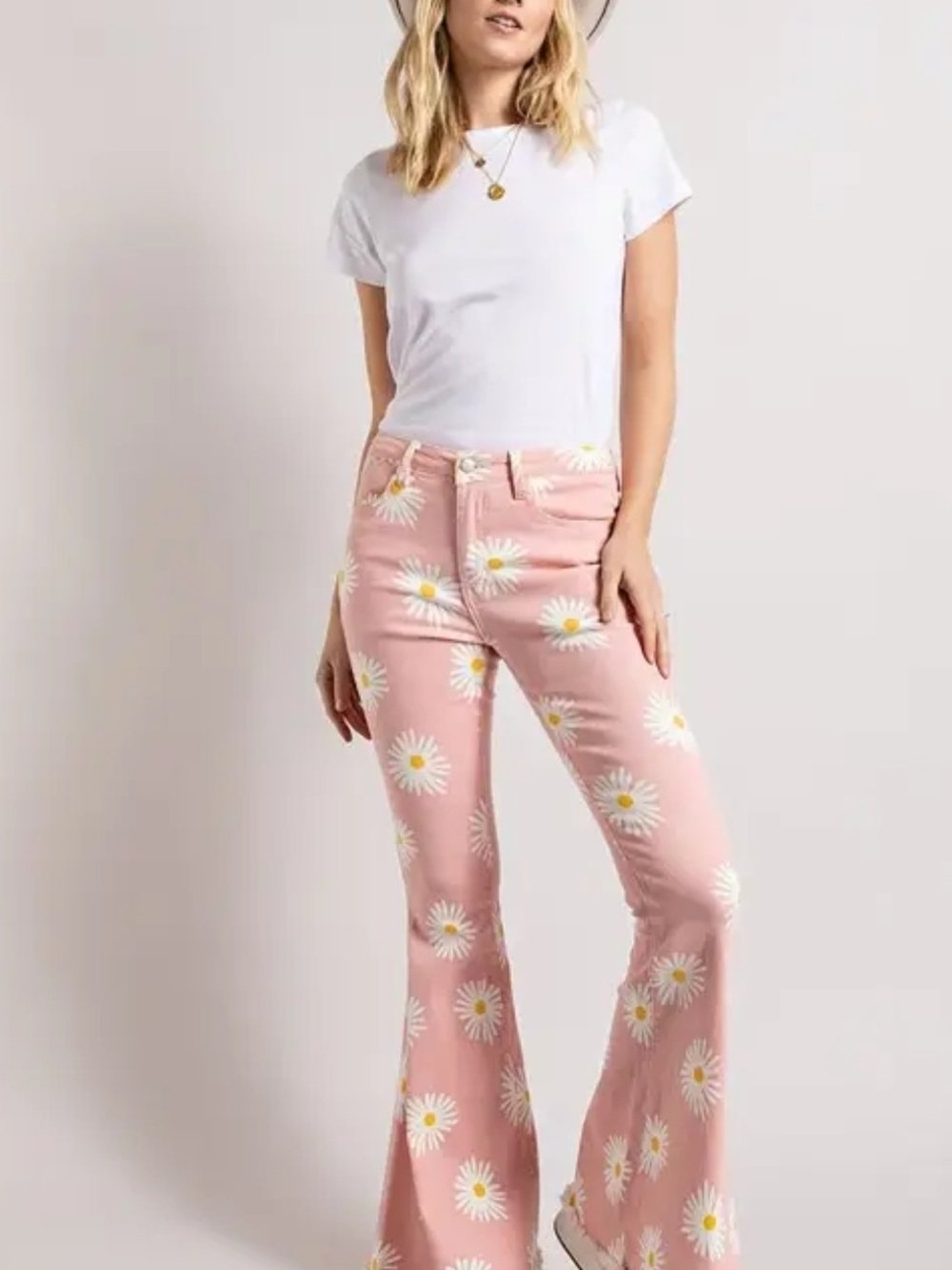 Daisy Print Bell Bottom Flare Jeans Pink Retro 70s Boho S M L